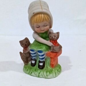 Vintage Rusties Ceramic Figurine of Girl Sitting on Bench w/ Two Kittens 1973
